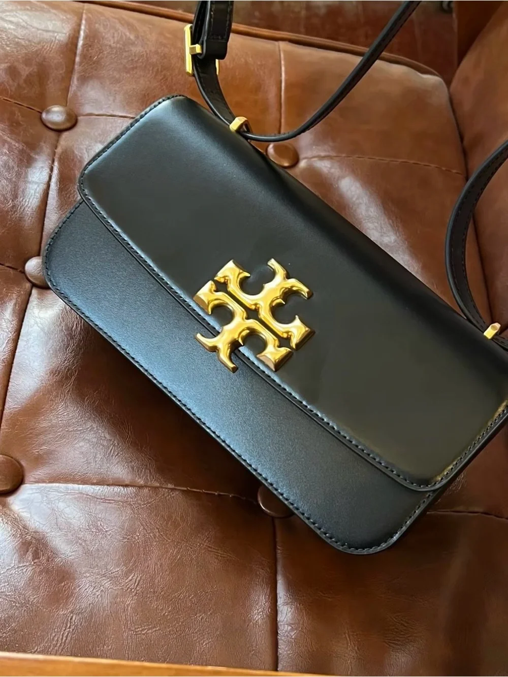 $Black Leather Shoulder Bag with Gold Hardware